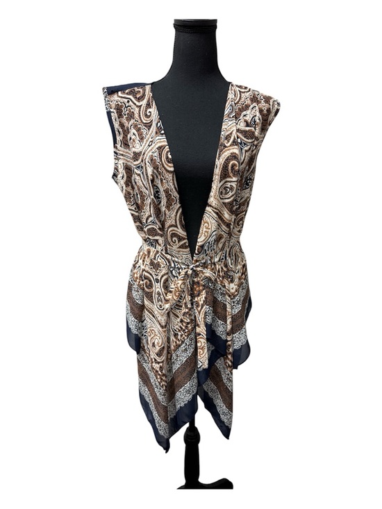 Source Unknown Jackets & Blazers - Boho Paisley Sleeveless Kimono Vest Navy Tan Tie Waist Lightweight Chic Top
